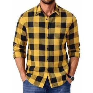 Buffalo Black Yellow Men Flannel  Long Sleeve Plaid  Button Up Shirt Jacket